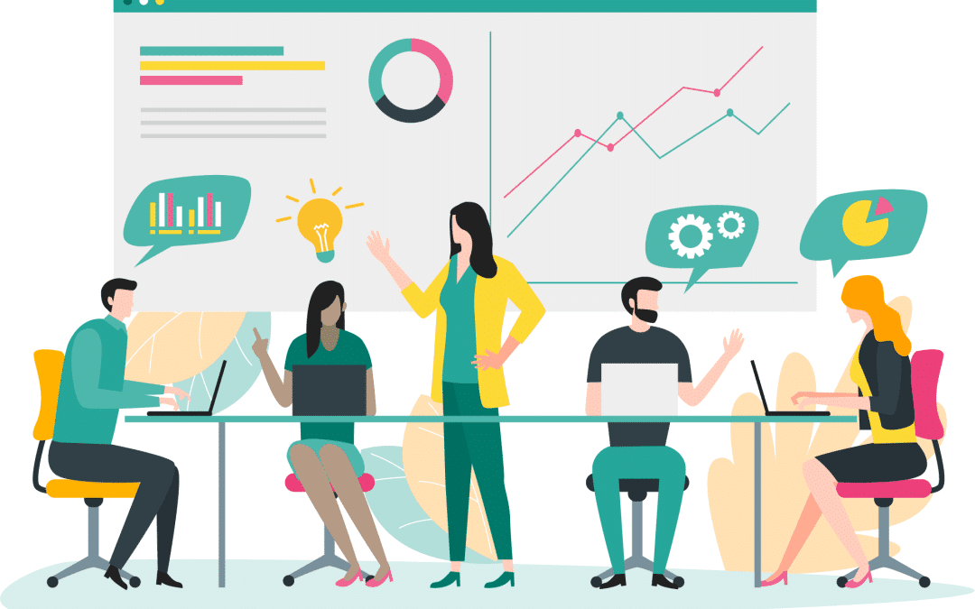 An illustration accompanying a blog article by Heather McKinley, Wide Angle Creative, about landing pitches, depicting a group of people in a conference room engaged in discussion. The scene represents the dynamics of pitching ideas, refining strategies, and navigating feedback to secure buy-in. This visual reinforces the article’s focus on effective communication, strategic storytelling, and delivering pitches that resonate.