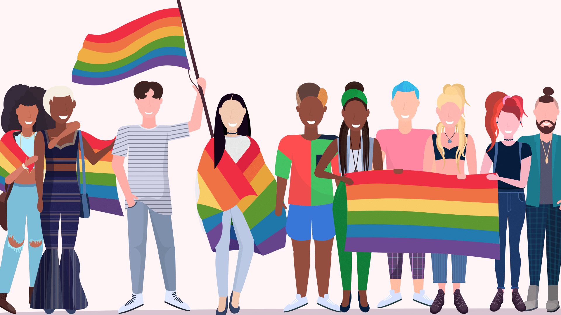 An illustration shows a diverse group of people waving rainbow flags and banners, celebrating inclusivity and representation. This vibrant scene reflects the mission of Wide Angle Creative—an LGBTQ-owned agency in Houston dedicated to real storytelling and smart, impactful marketing.